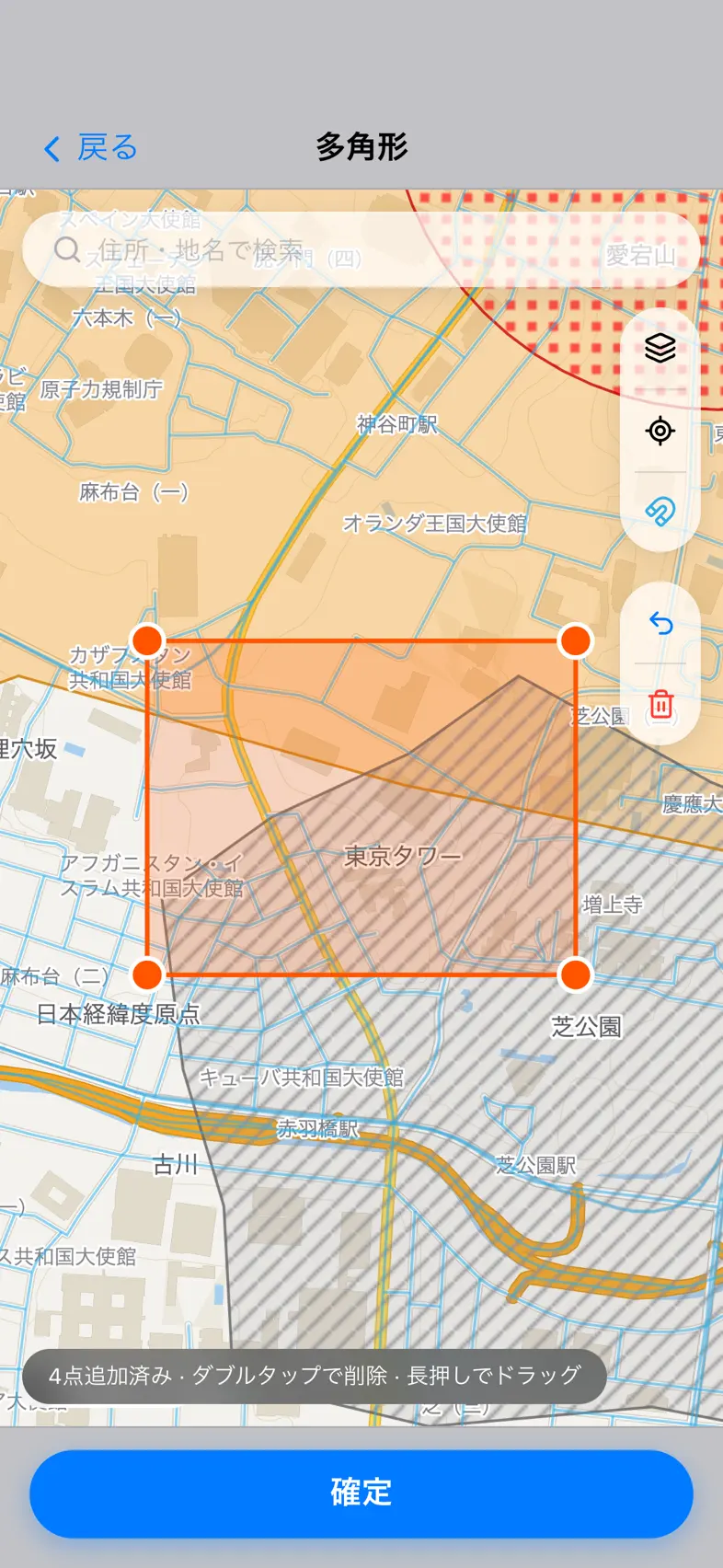 Drone24 の飛行計画の入力画面。地図に飛行範囲を描いている