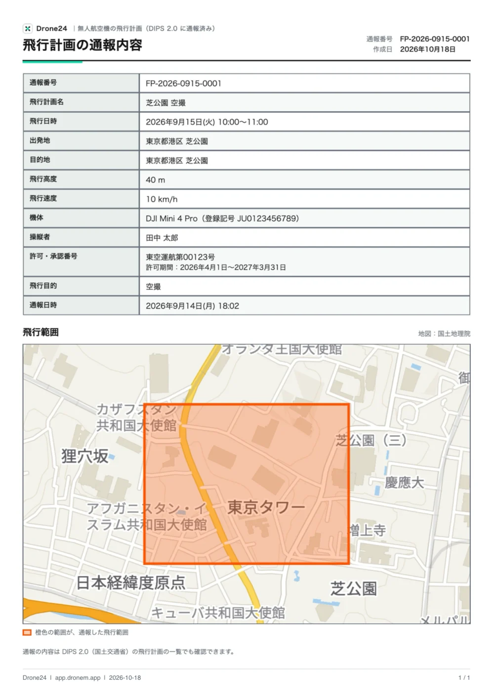 Drone24 が作った飛行計画の PDF(A4 縦)。上に「飛行計画の通報内容」の題名と通報番号・作成日、その下に通報の内容の表と、橙色の飛行範囲を載せた地図がある