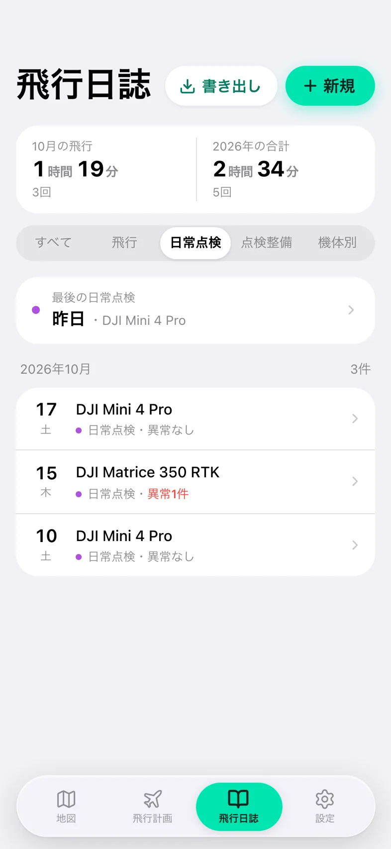 Drone24 の飛行日誌のトップ。「日常点検」のタブで、「最後の日常点検」のカードが出ている