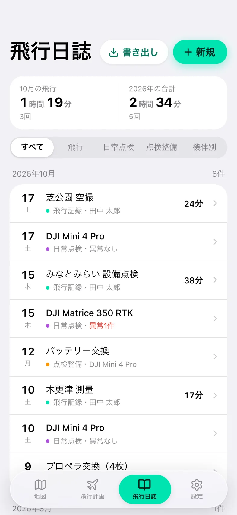 Drone24 の飛行日誌のトップ。合計のカード、5 つのタブ、月ごとの記録の一覧が並んでいる
