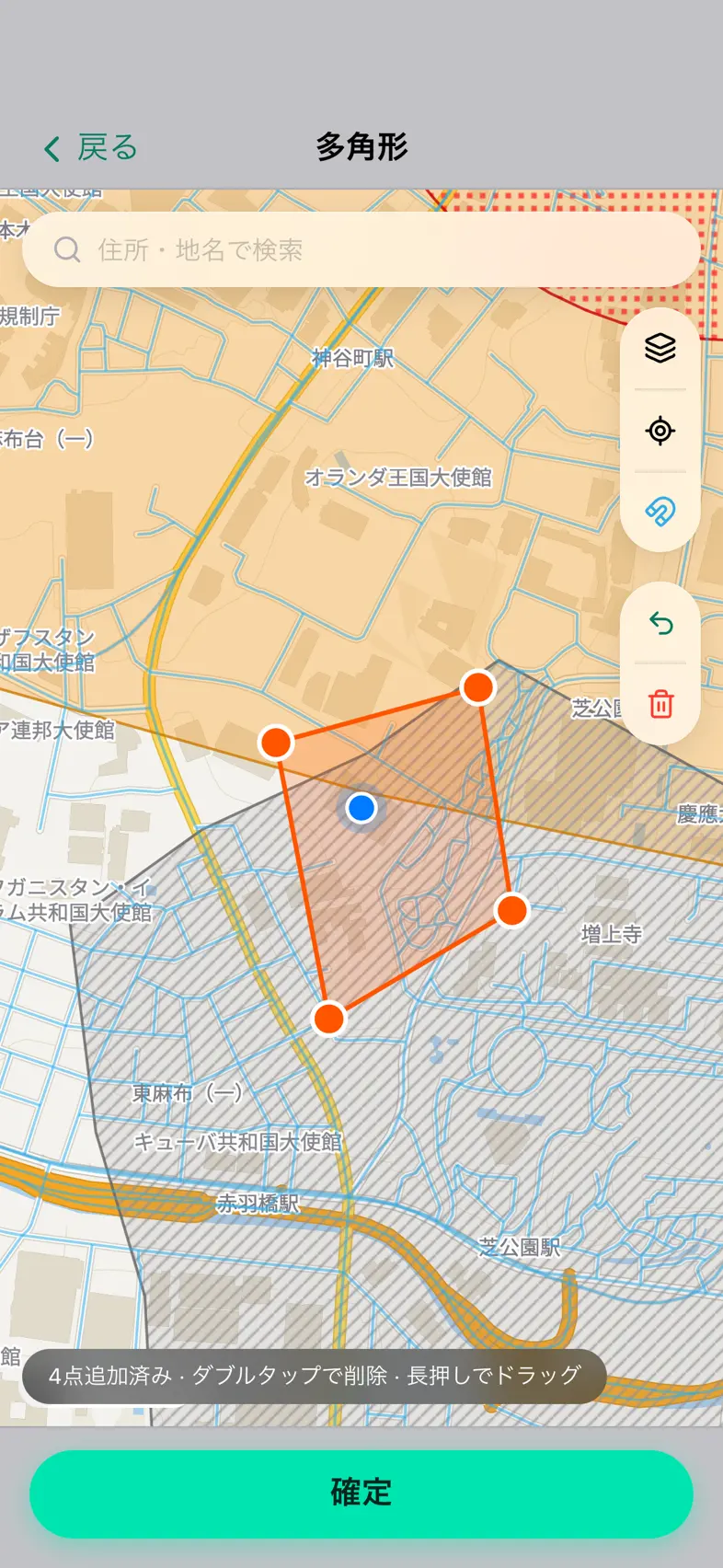 Drone24 の飛行範囲のエディタ。地図に点を置き、範囲が橙で描かれている